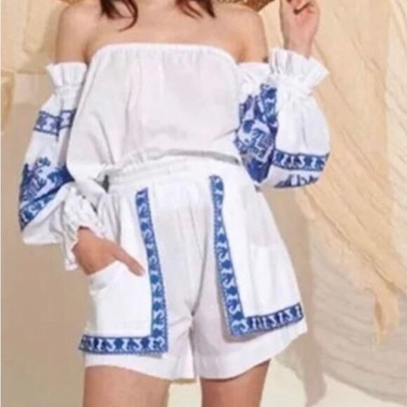 NWT Lace Top & Short Set Embroidered 100% Cotton White Blue Size S - Picture 1 of 9